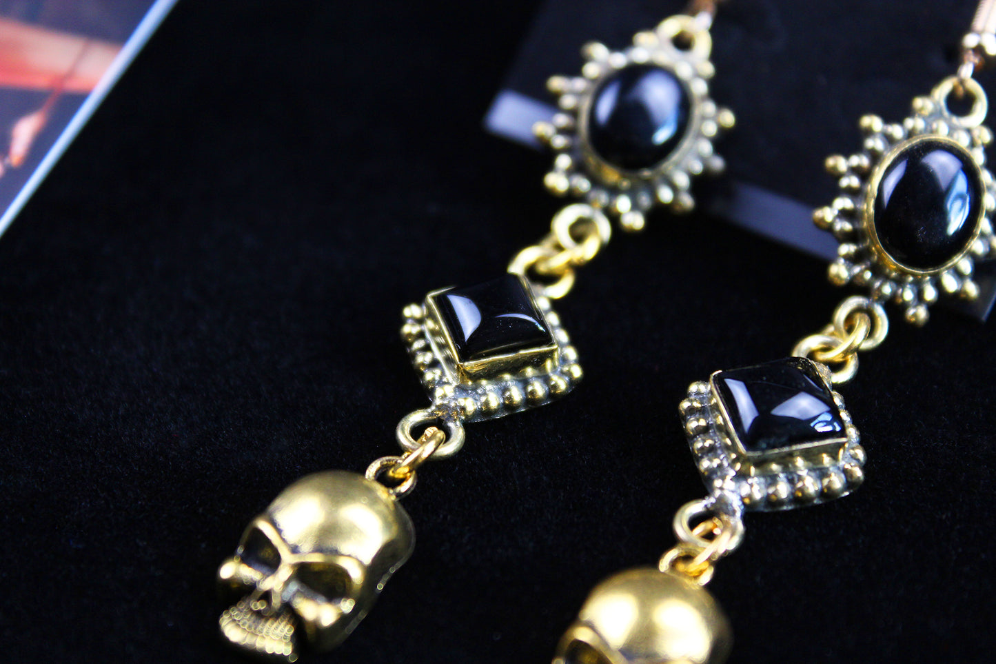 Black Onyx Skull Earrings: Triple Layer Gold & Black Dangle Drop Earrings