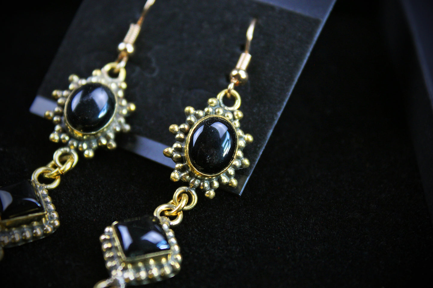 Black Onyx Skull Earrings: Triple Layer Gold & Black Dangle Drop Earrings
