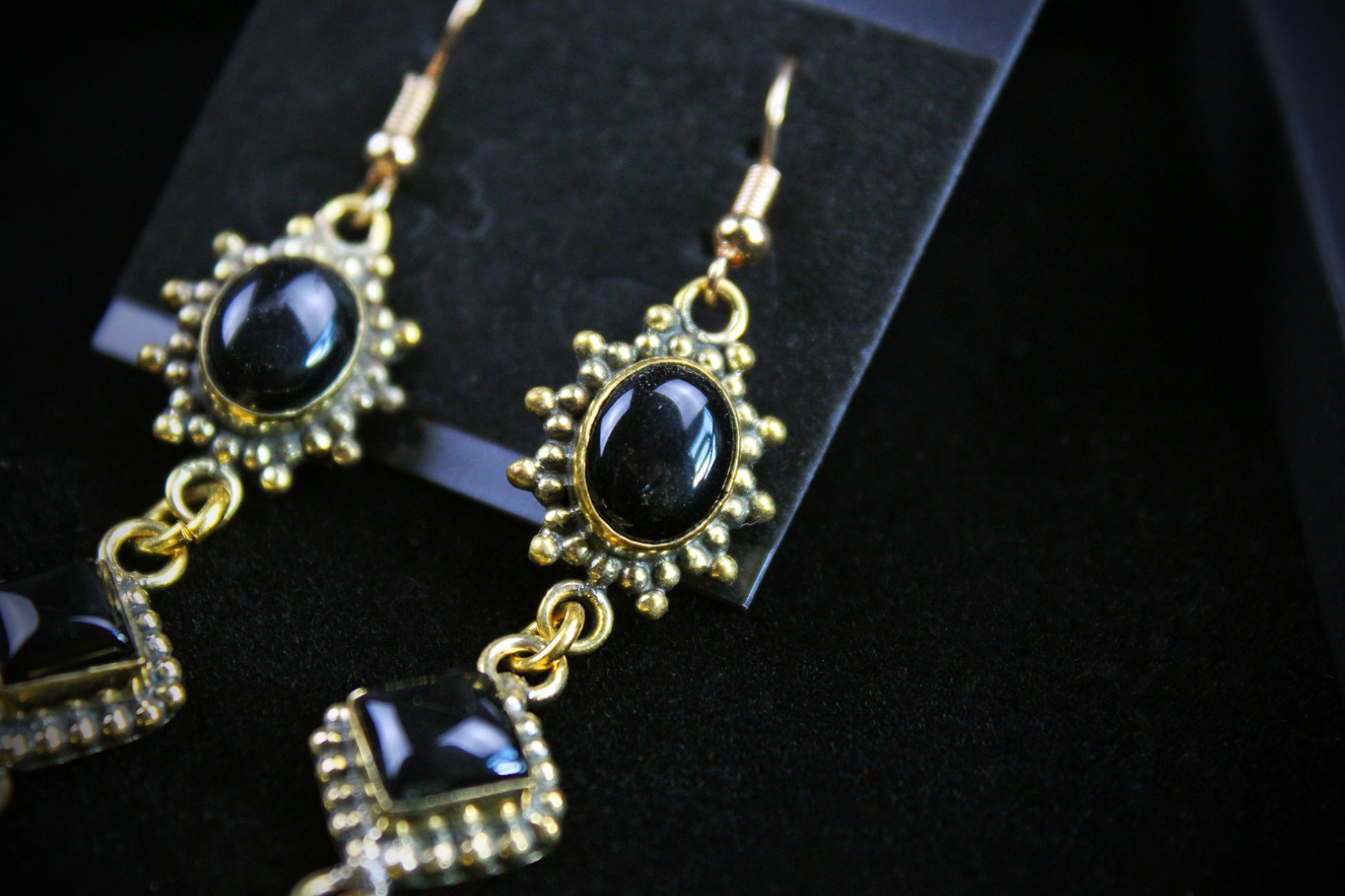 Black Onyx Skull Earrings: Triple Layer Gold & Black Dangle Drop Earrings