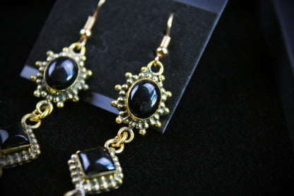 Black Onyx Skull Earrings: Triple Layer Gold & Black Dangle Drop Earrings