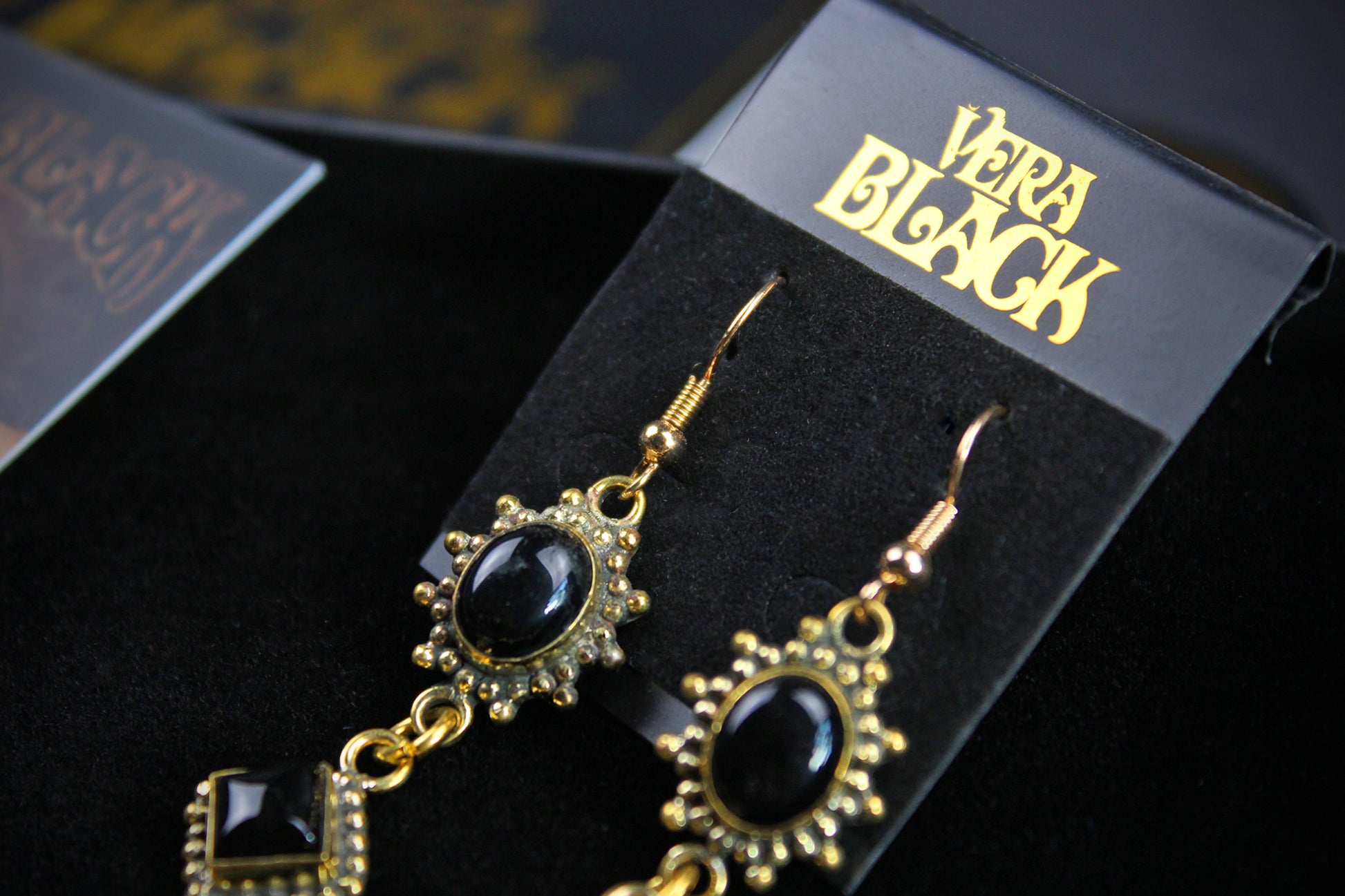 Black Onyx Skull Earrings: Triple Layer Gold & Black Dangle Drop Earrings