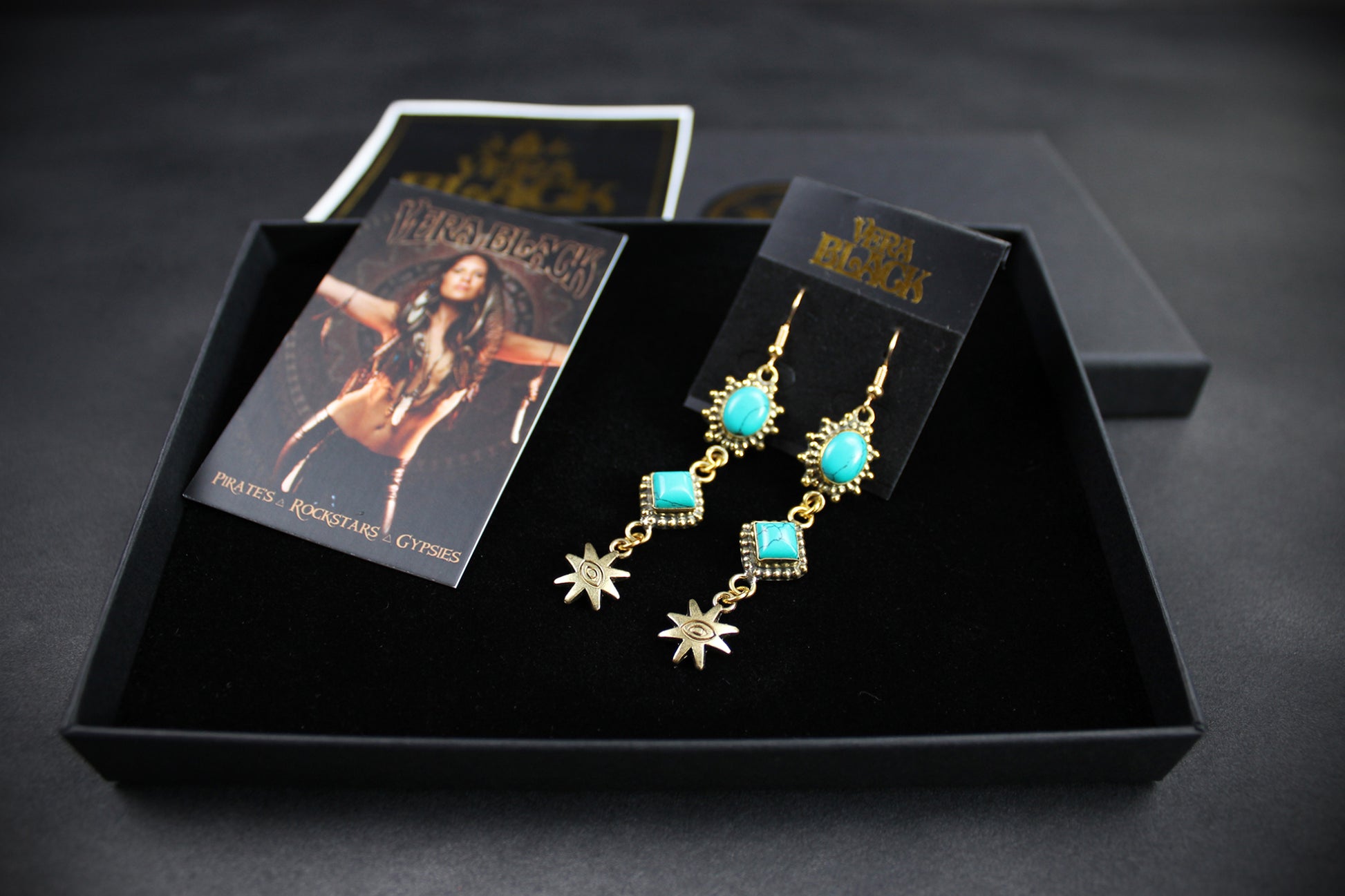 Turquoise Star Earrings: Triple Layer Gold & Turquoise Dangle Drop Earrings