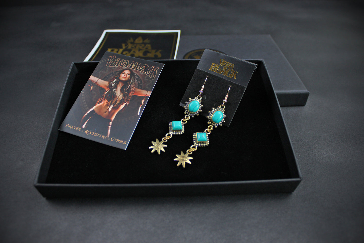 Turquoise Star Earrings: Triple Layer Gold & Turquoise Dangle Drop Earrings