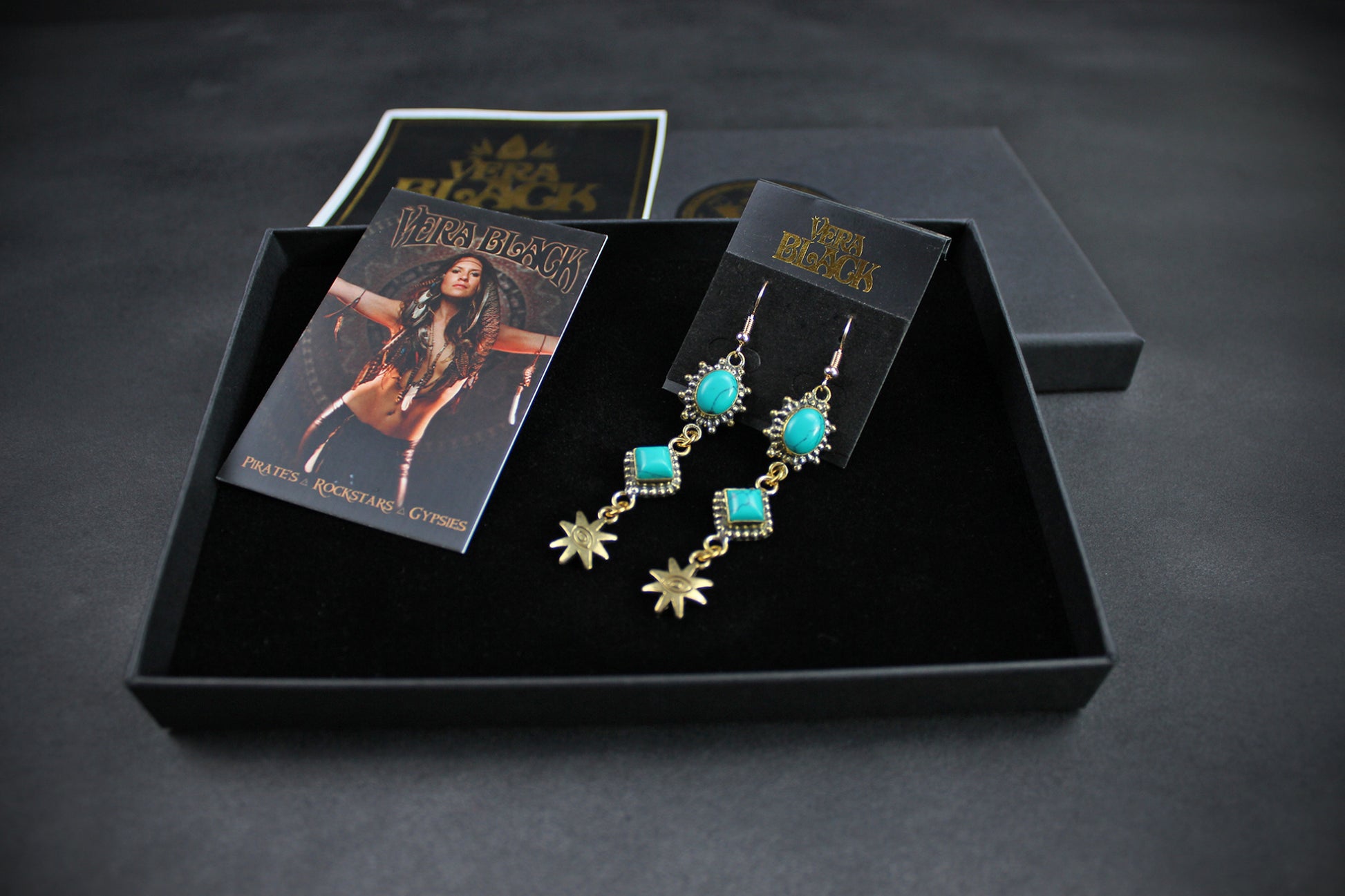 Turquoise Star Earrings: Triple Layer Gold & Turquoise Dangle Drop Earrings