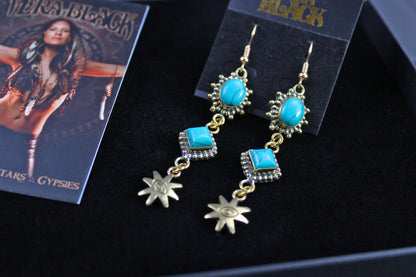 Turquoise Star Earrings: Triple Layer Gold & Turquoise Dangle Drop Earrings