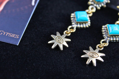 Turquoise Star Earrings: Triple Layer Gold & Turquoise Dangle Drop Earrings