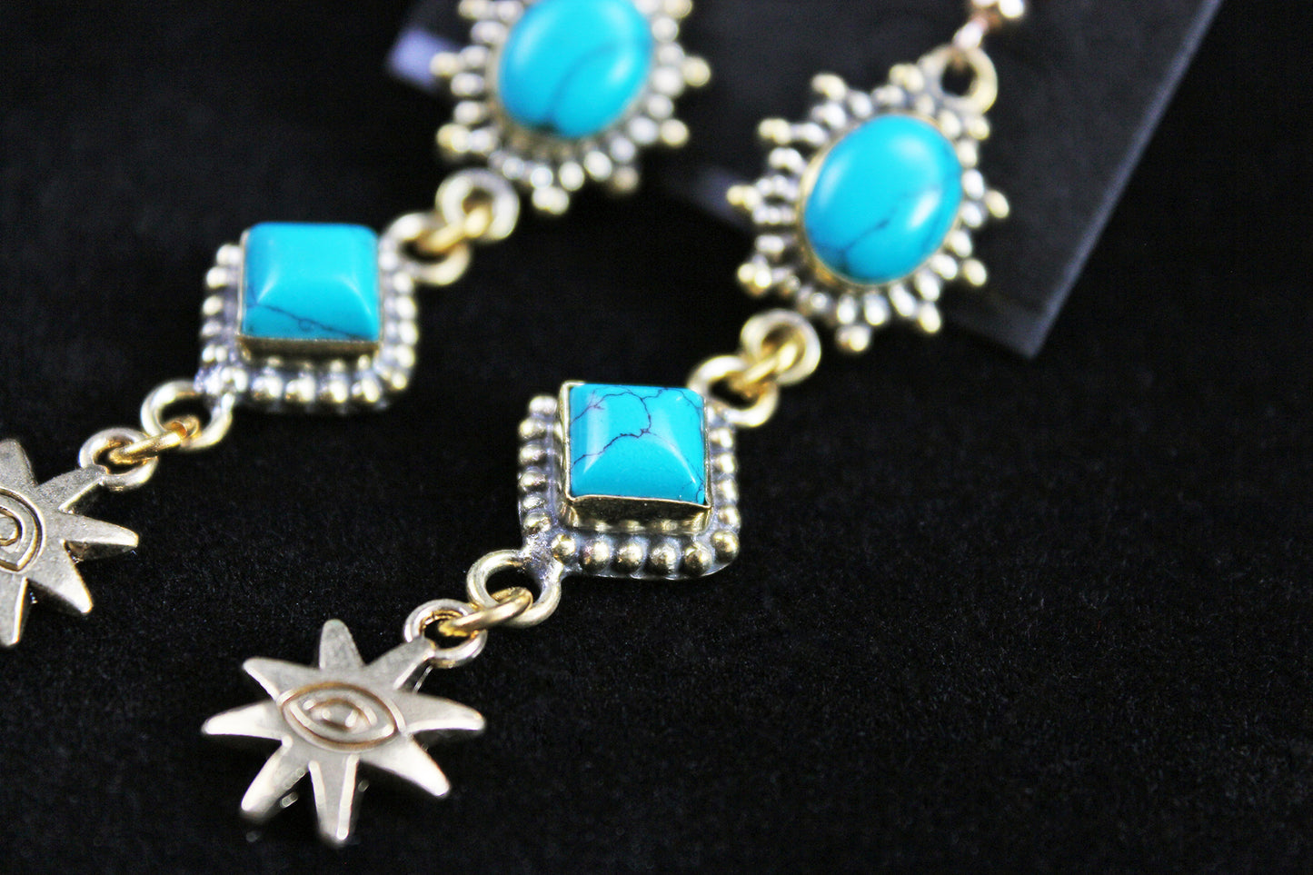 Turquoise Star Earrings: Triple Layer Gold & Turquoise Dangle Drop Earrings