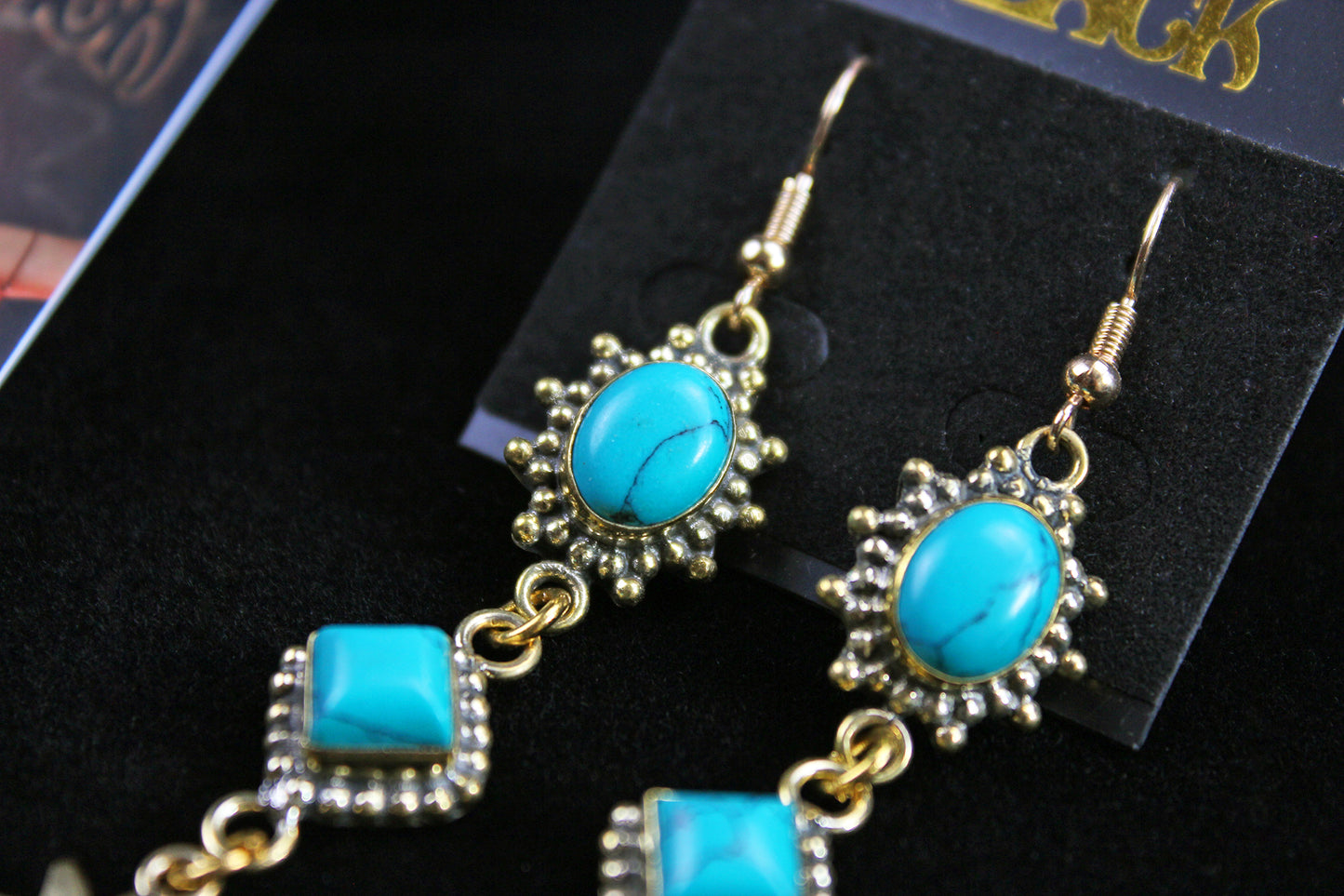 Turquoise Star Earrings: Triple Layer Gold & Turquoise Dangle Drop Earrings