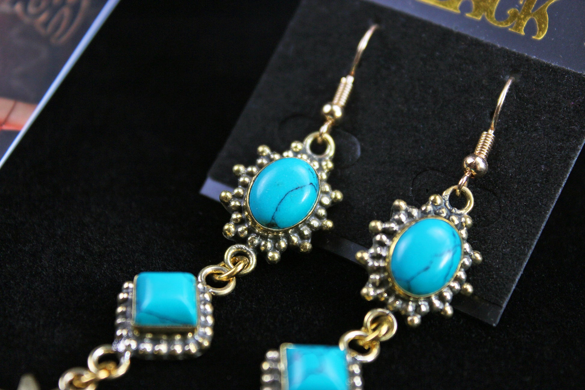 Turquoise Star Earrings: Triple Layer Gold & Turquoise Dangle Drop Earrings