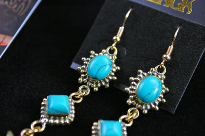 Turquoise Star Earrings: Triple Layer Gold & Turquoise Dangle Drop Earrings