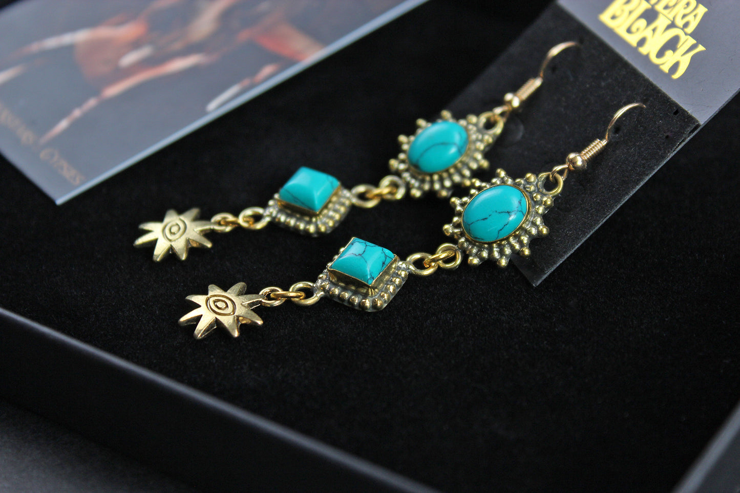 Turquoise Star Earrings: Triple Layer Gold & Turquoise Dangle Drop Earrings