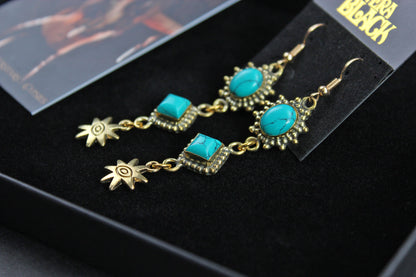 Turquoise Star Earrings: Triple Layer Gold & Turquoise Dangle Drop Earrings