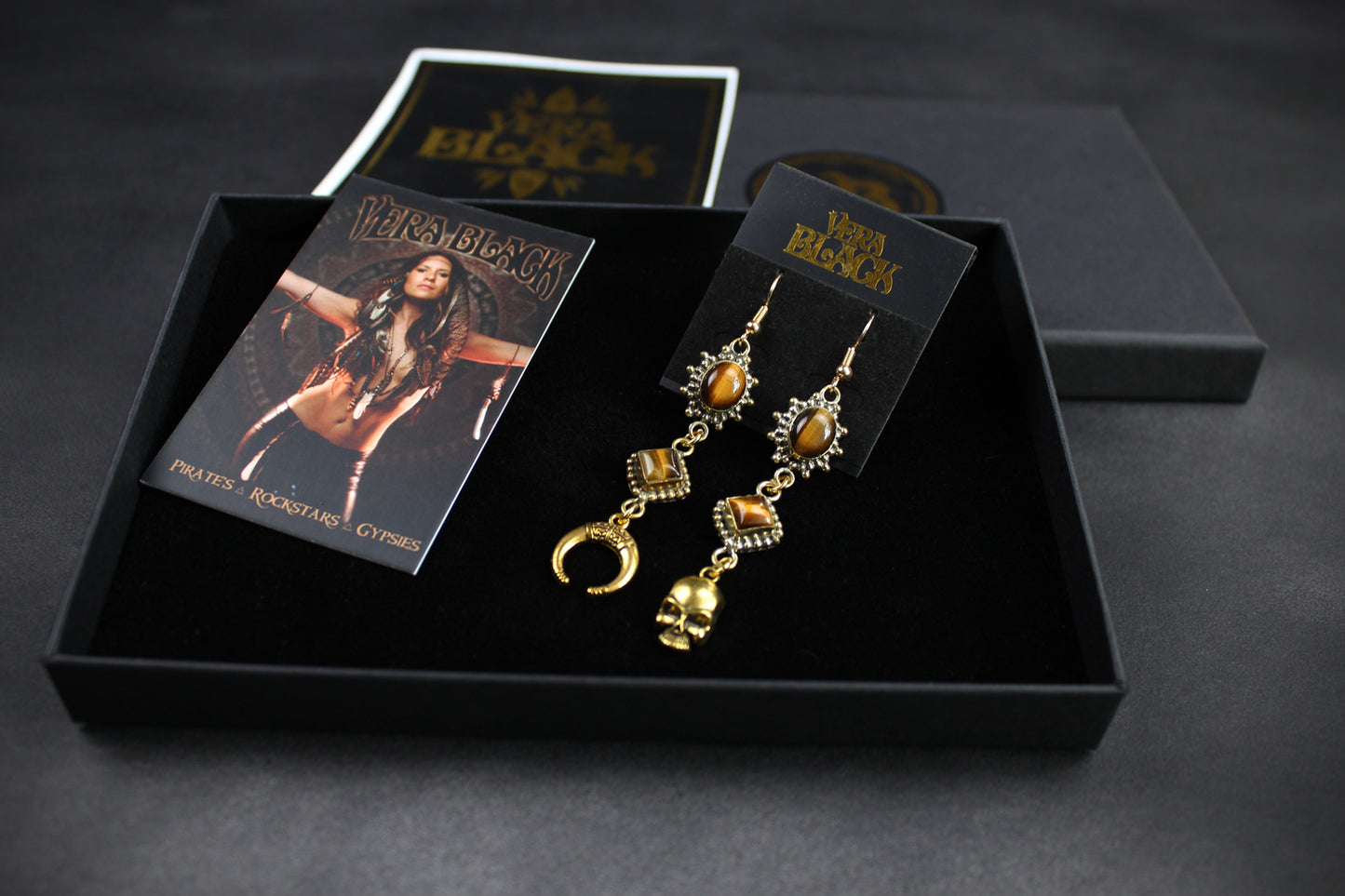 Tiger Eye Skull & Moon Earrings: Triple Layer Gold Dangle Drop Earrings