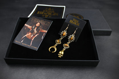 Tiger Eye Skull & Moon Earrings: Triple Layer Gold Dangle Drop Earrings