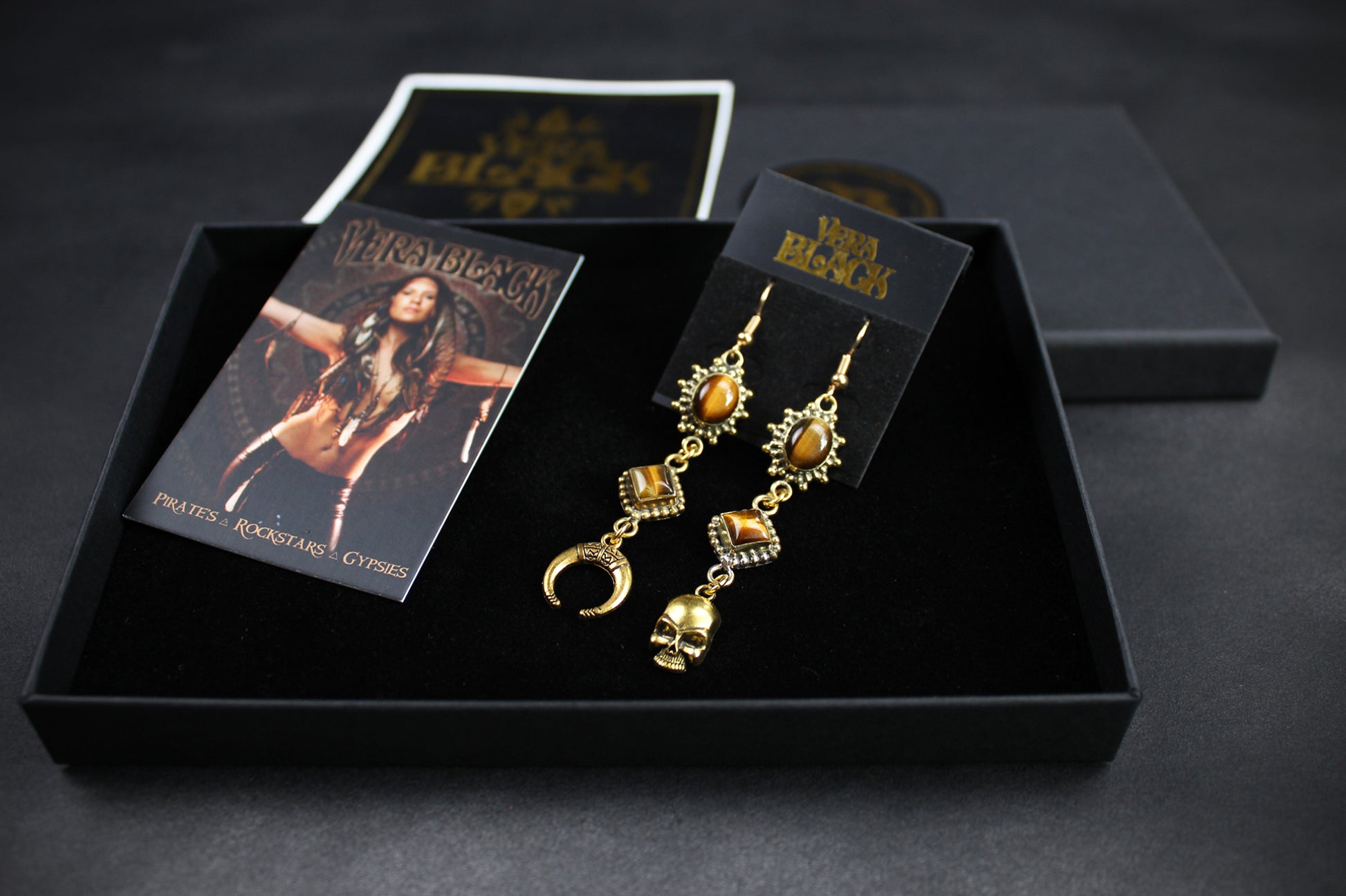 Tiger Eye Skull & Moon Earrings: Triple Layer Gold Dangle Drop Earrings