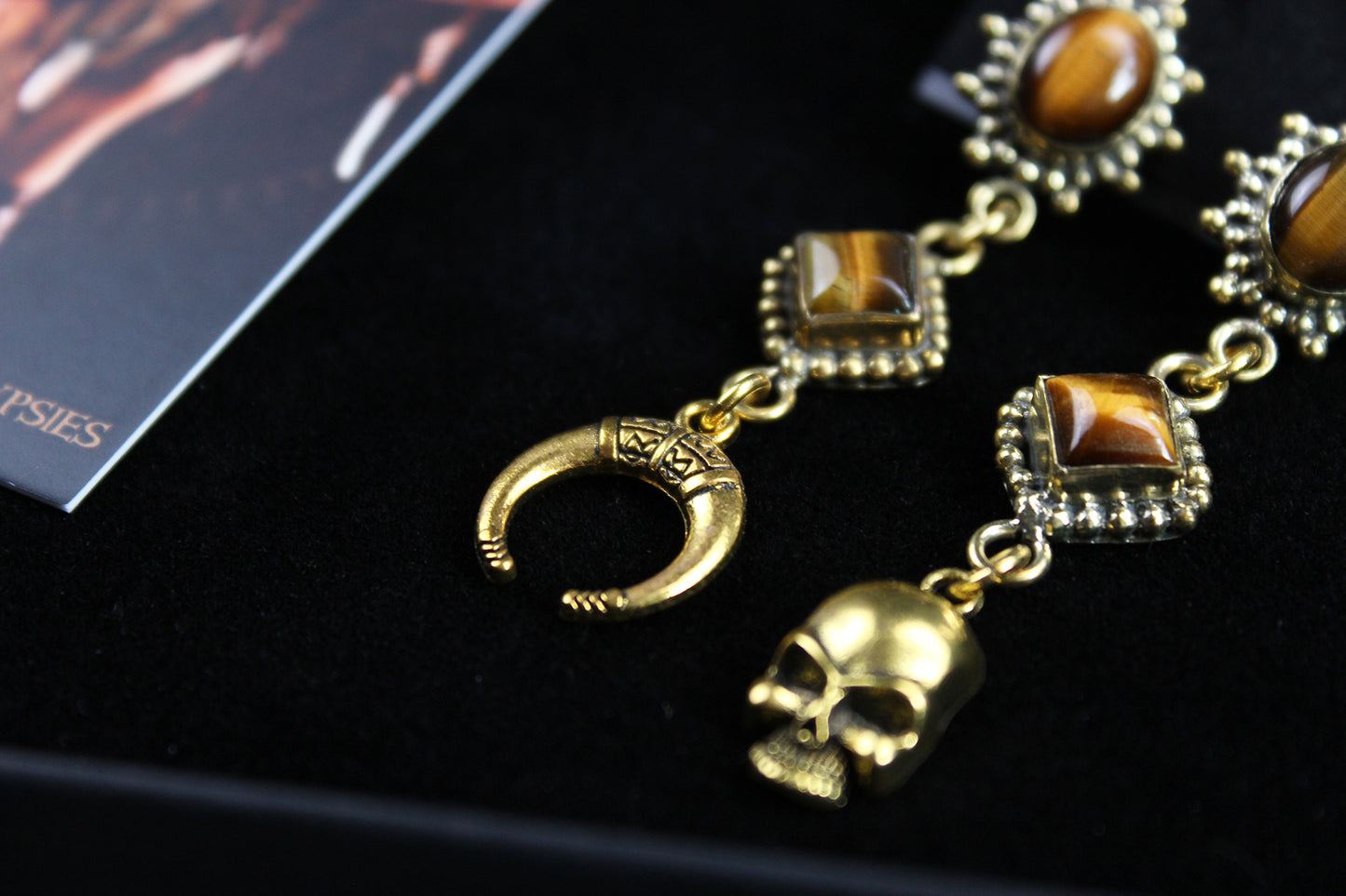 Tiger Eye Skull & Moon Earrings: Triple Layer Gold Dangle Drop Earrings