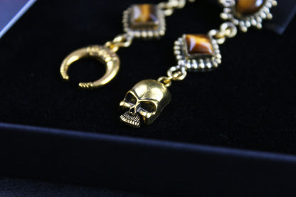 Tiger Eye Skull & Moon Earrings: Triple Layer Gold Dangle Drop Earrings