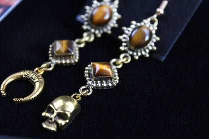 Tiger Eye Skull & Moon Earrings: Triple Layer Gold Dangle Drop Earrings