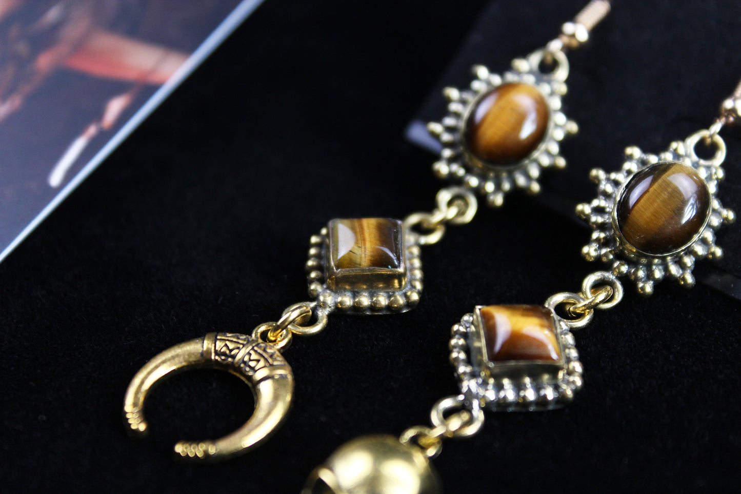 Tiger Eye Skull & Moon Earrings: Triple Layer Gold Dangle Drop Earrings