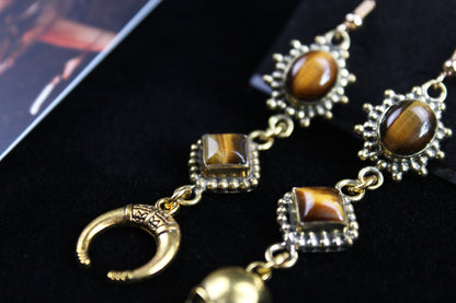 Tiger Eye Skull & Moon Earrings: Triple Layer Gold Dangle Drop Earrings