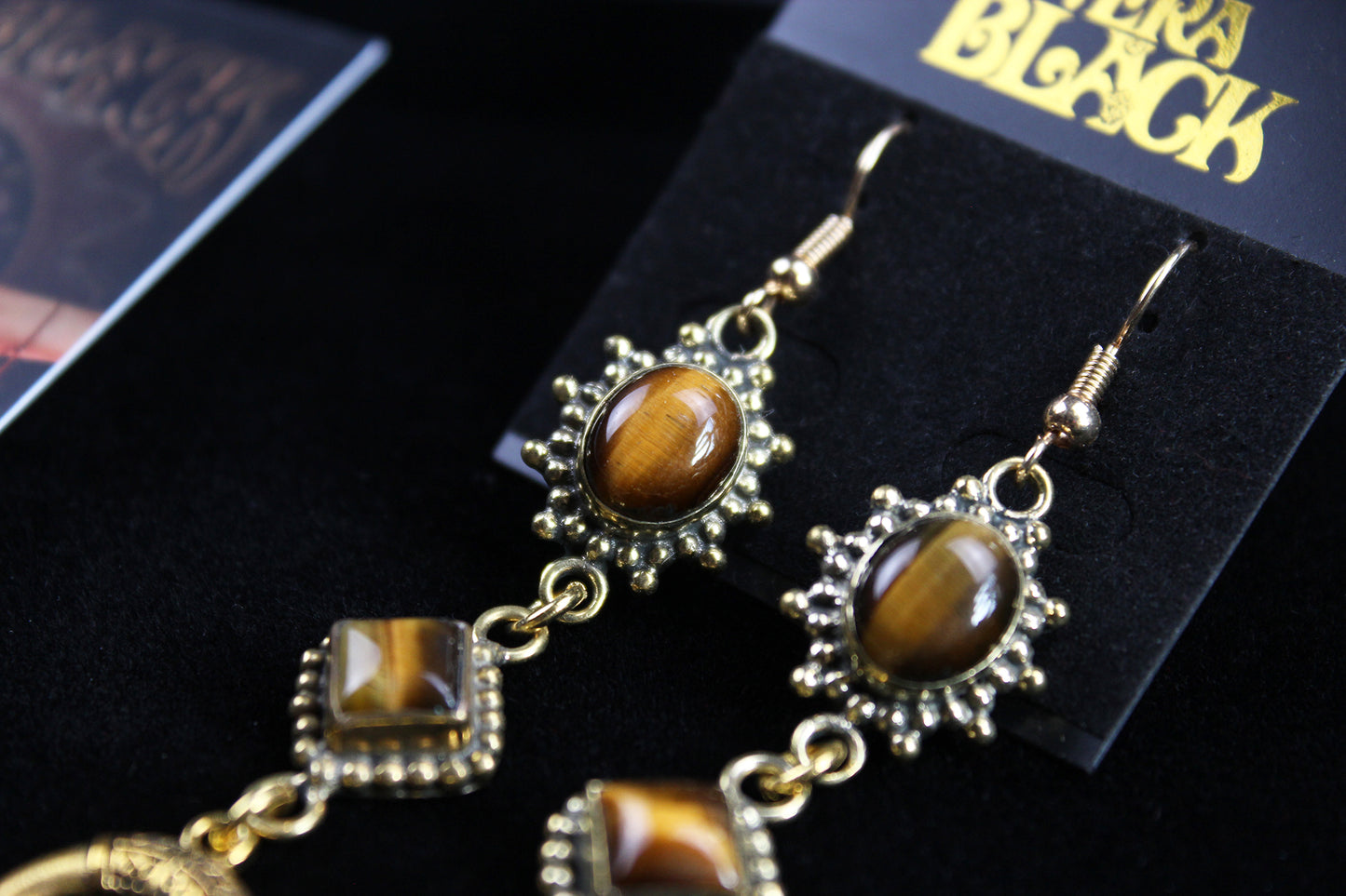 Tiger Eye Skull & Moon Earrings: Triple Layer Gold Dangle Drop Earrings