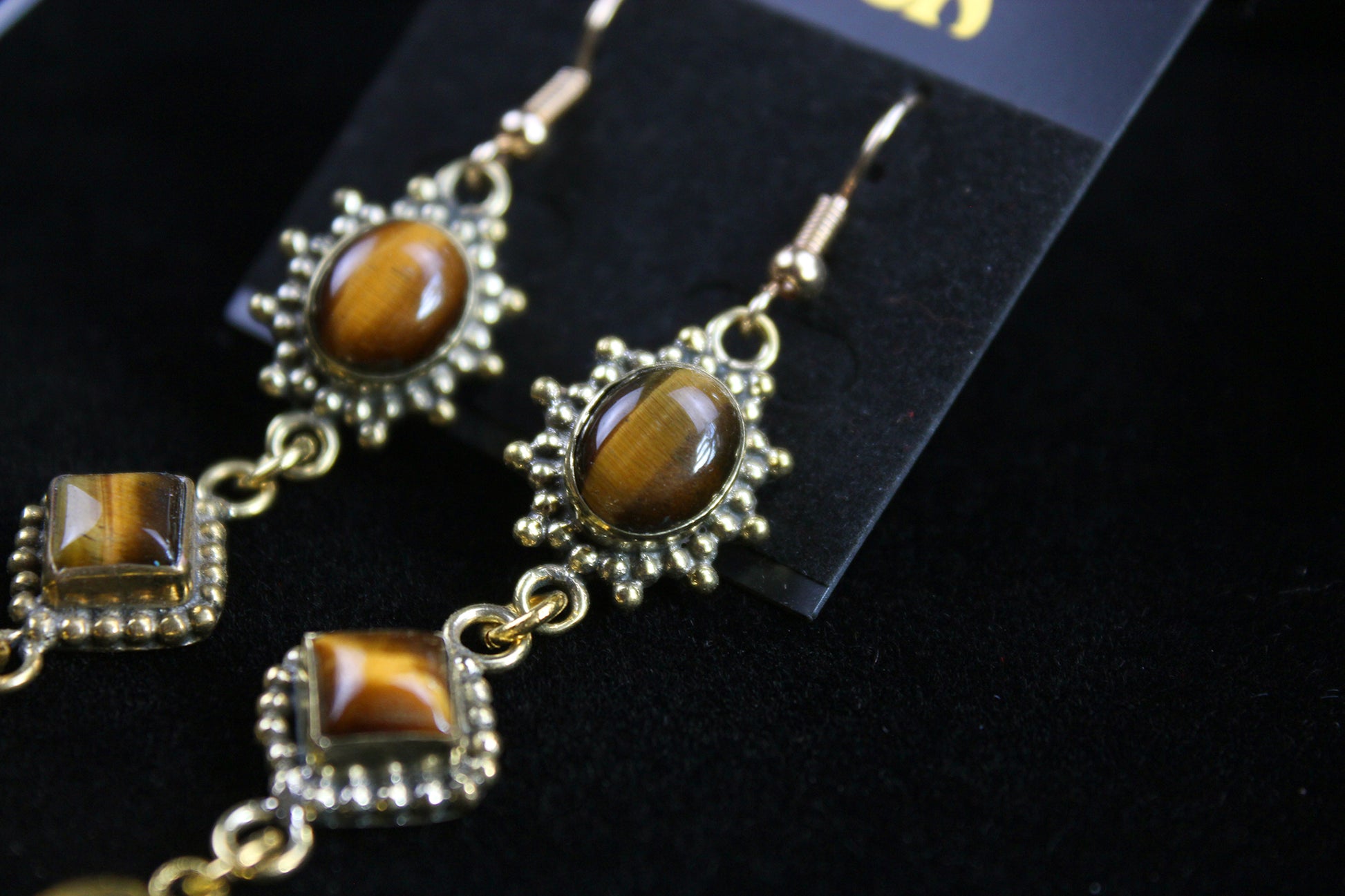 Tiger Eye Skull & Moon Earrings: Triple Layer Gold Dangle Drop Earrings