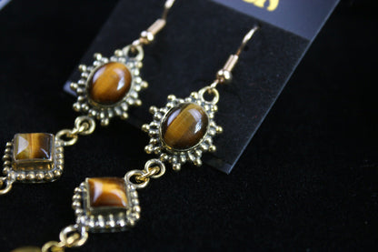 Tiger Eye Skull & Moon Earrings: Triple Layer Gold Dangle Drop Earrings