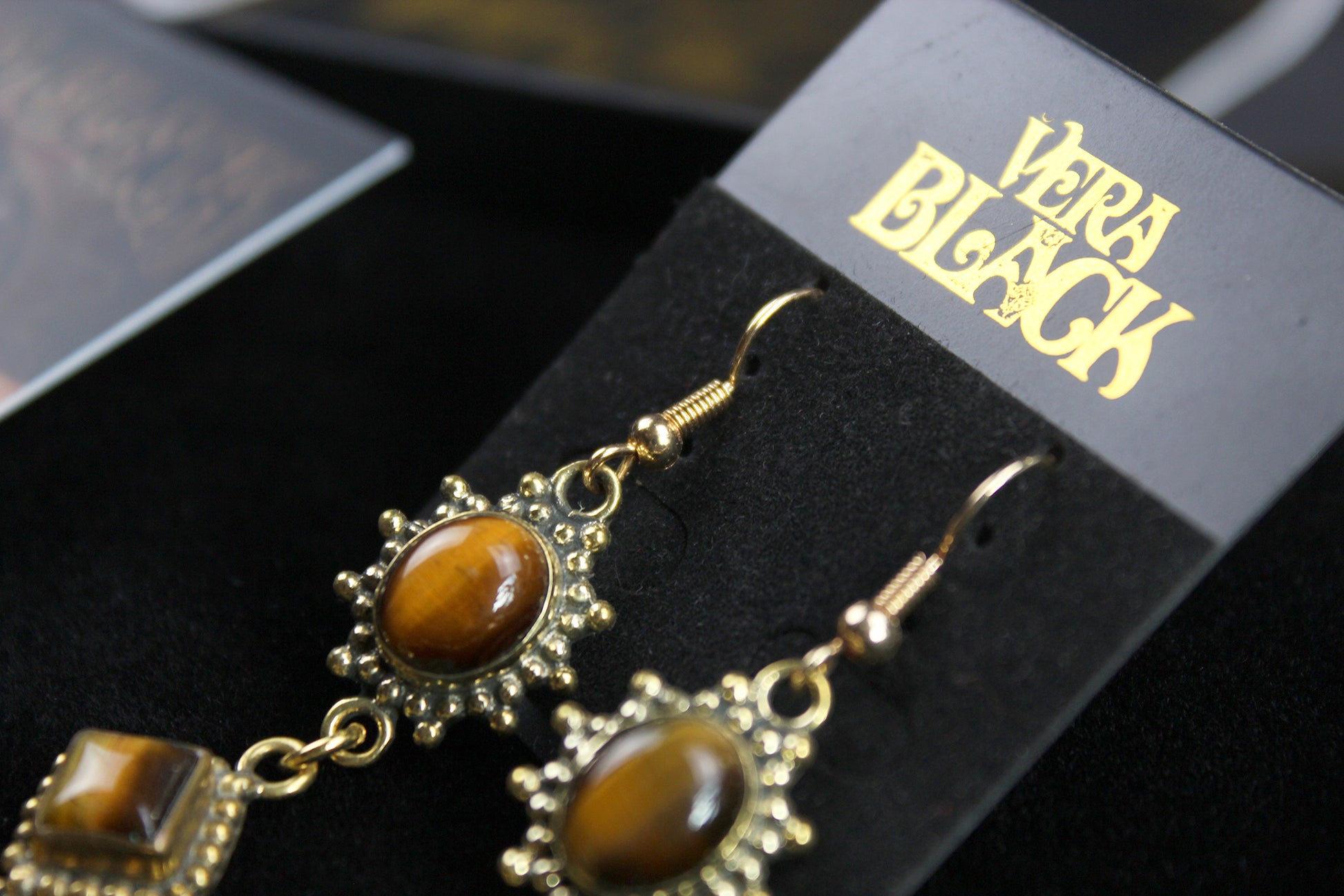 Tiger Eye Skull & Moon Earrings: Triple Layer Gold Dangle Drop Earrings