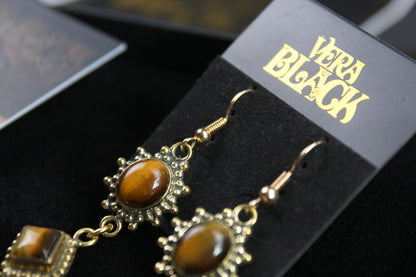 Tiger Eye Skull & Moon Earrings: Triple Layer Gold Dangle Drop Earrings