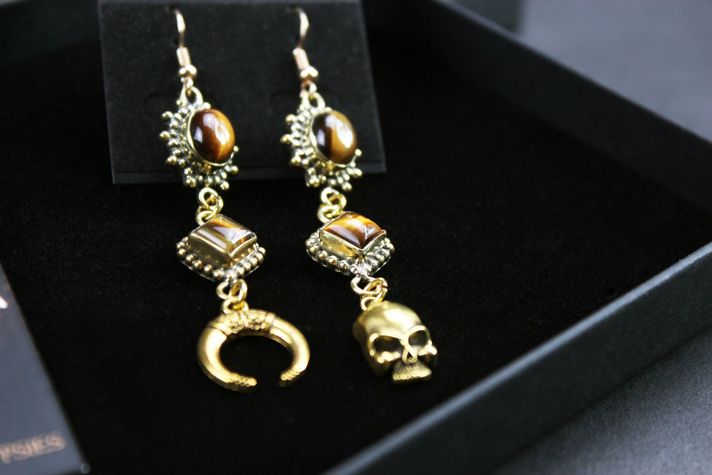 Tiger Eye Skull & Moon Earrings: Triple Layer Gold Dangle Drop Earrings