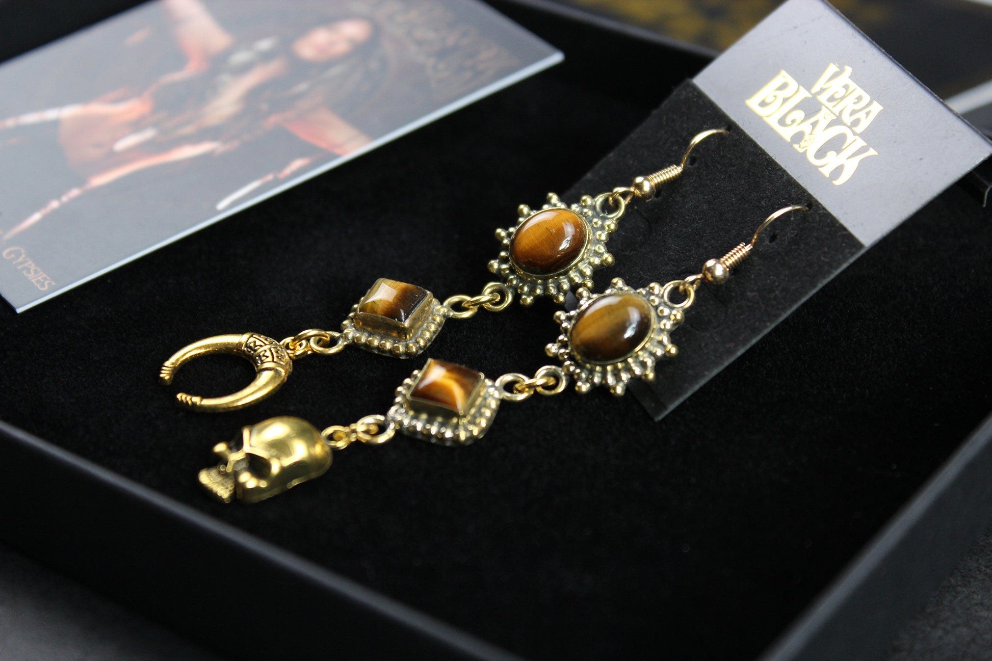 Tiger Eye Skull & Moon Earrings: Triple Layer Gold Dangle Drop Earrings