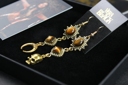 Tiger Eye Skull & Moon Earrings: Triple Layer Gold Dangle Drop Earrings