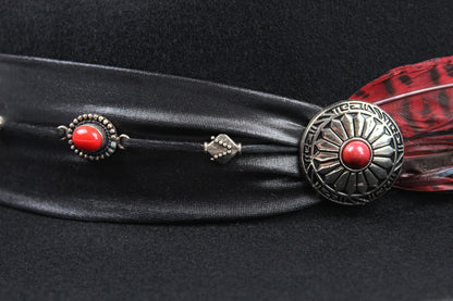 One Off Wool Felt Fedora Hat: Black & Red Country Western Cowboy Style Hat