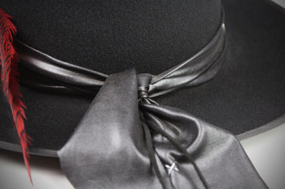 Black hat with a red feather and gray ribbon on a neutral background