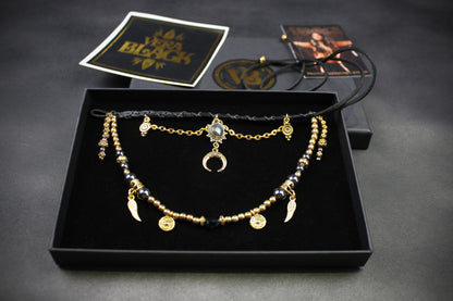 Hematite & Labradorite Choker : 3 in 1 Bohemian Anklet Armband Choker With Gold Detailing