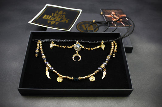 Hematite & Labradorite Choker : 3 in 1 Bohemian Anklet Armband Choker With Gold Detailing