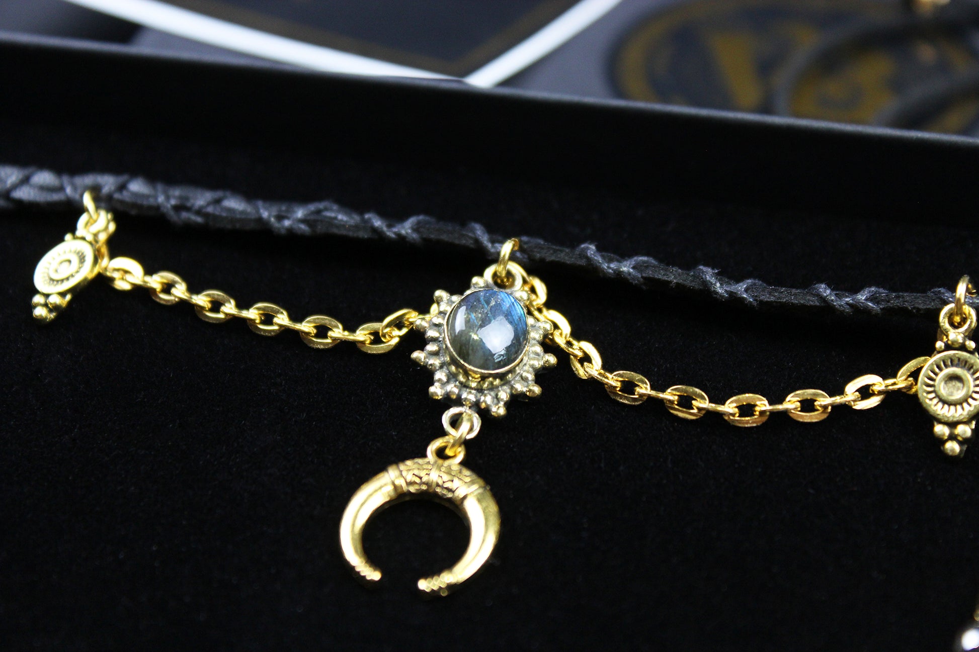 Hematite & Labradorite Choker : 3 in 1 Bohemian Anklet Armband Choker With Gold Detailing