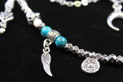 Bohemian Turquoise Howlite Choker : Silver 3 in 1 Anklet Choker Armband