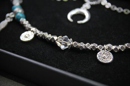 Bohemian Turquoise Howlite Choker : Silver 3 in 1 Anklet Choker Armband