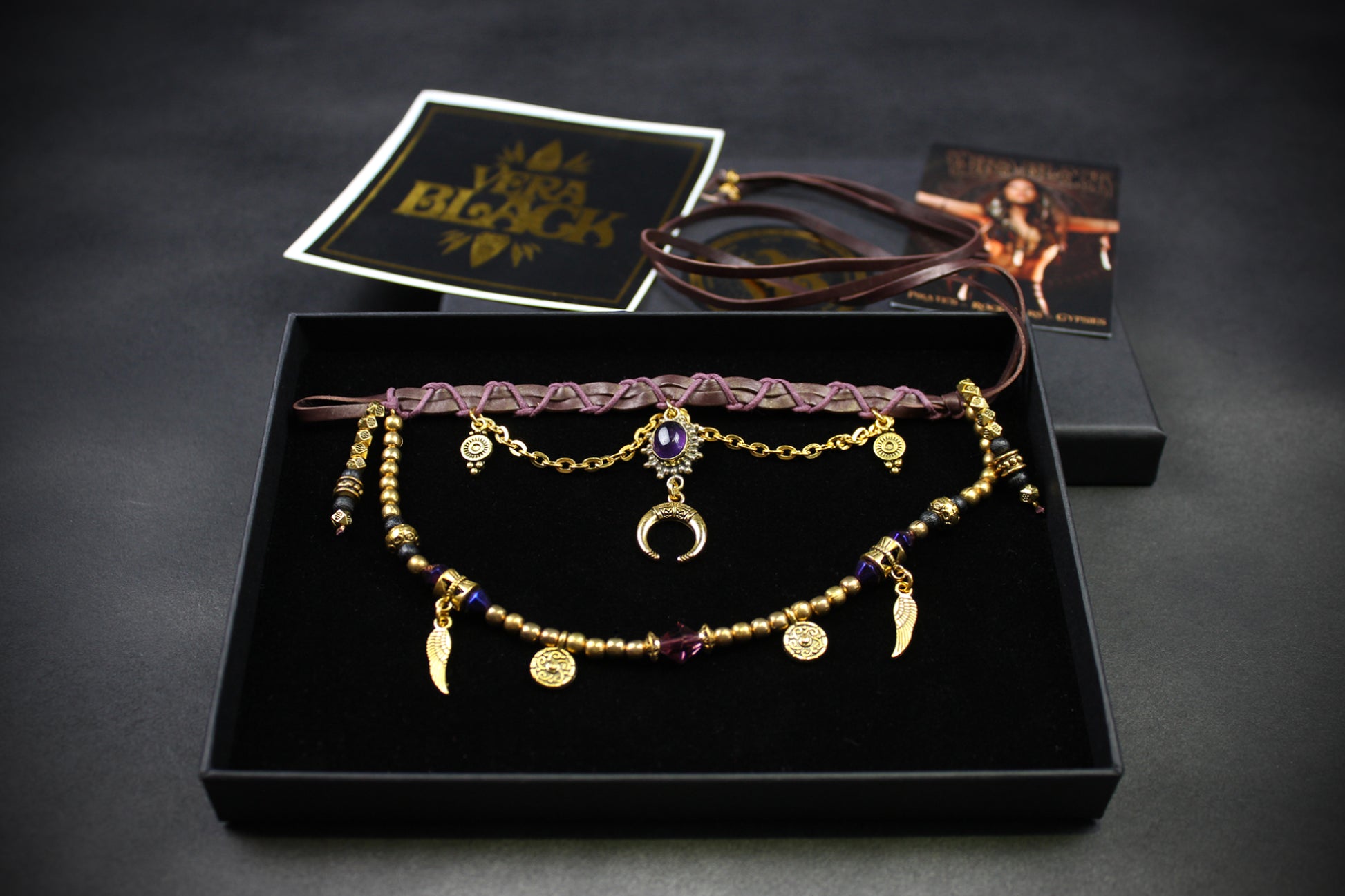 Harlequin : Bohemian Amethyst Gold Anklet, Armband Choker - 3 in 1 Elegant Hippie Festival Style Necklace