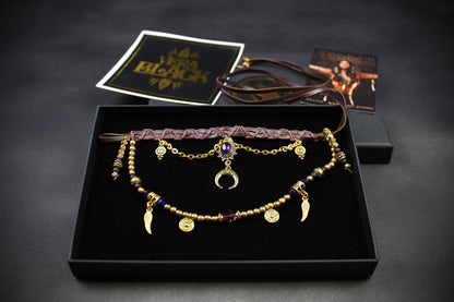 Harlequin : Bohemian Amethyst Gold Anklet, Armband Choker - 3 in 1 Elegant Hippie Festival Style Necklace