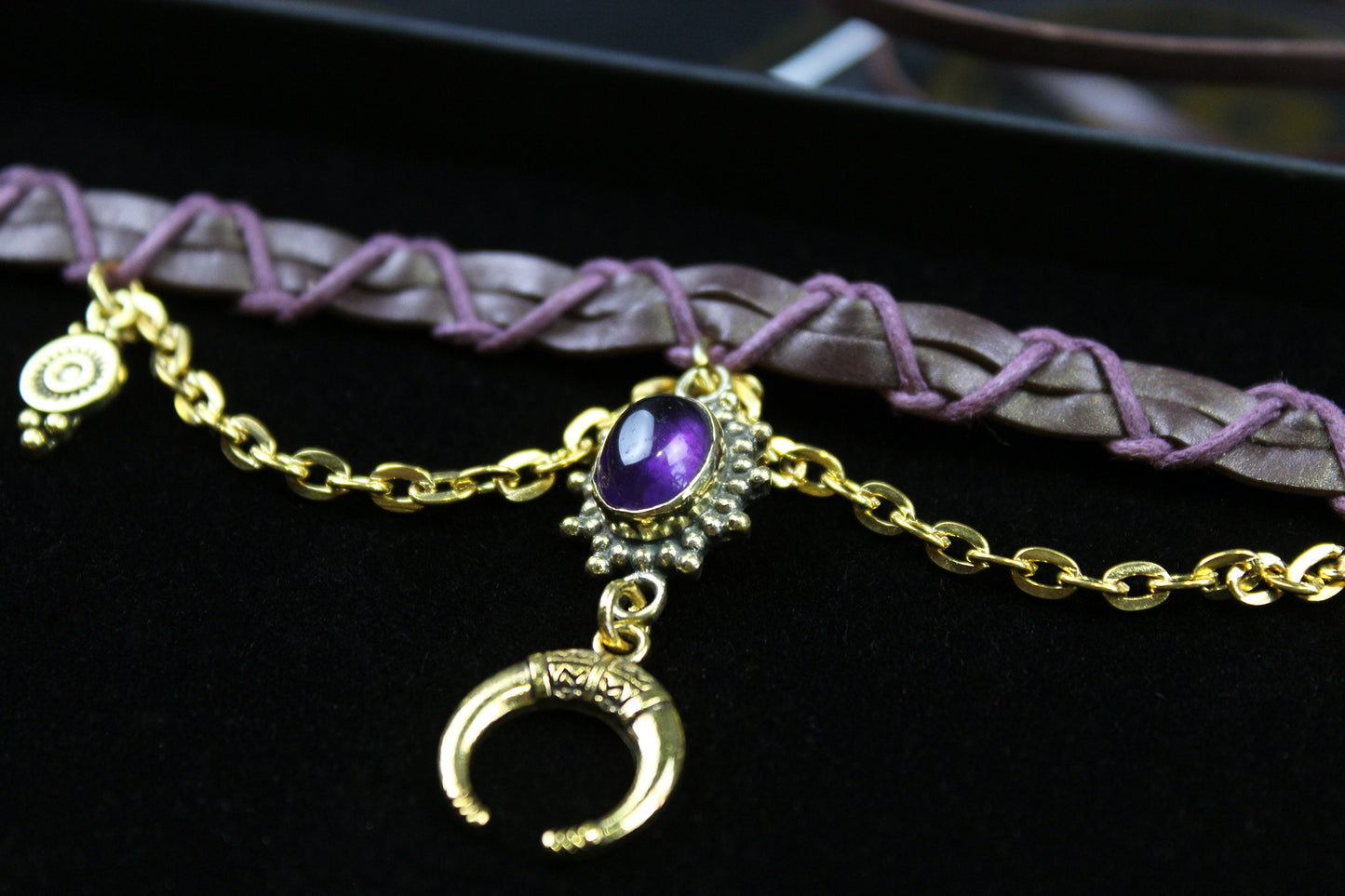 Harlequin : Bohemian Amethyst Gold Anklet, Armband Choker - 3 in 1 Elegant Hippie Festival Style Necklace