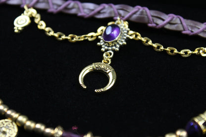 Harlequin : Bohemian Amethyst Gold Anklet, Armband Choker - 3 in 1 Elegant Hippie Festival Style Necklace