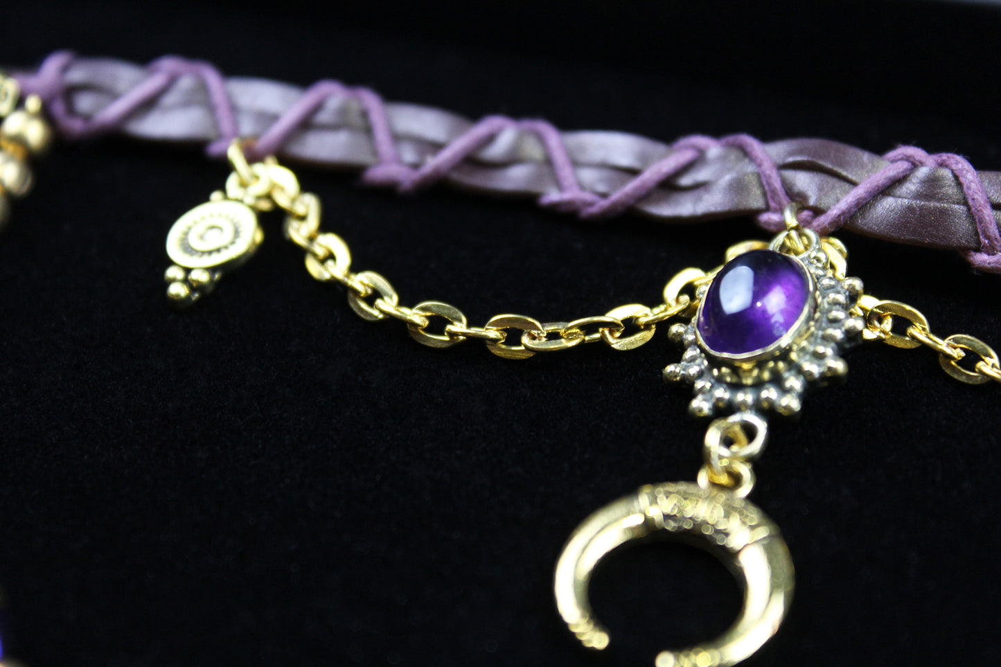Harlequin : Bohemian Amethyst Gold Anklet, Armband Choker - 3 in 1 Elegant Hippie Festival Style Necklace