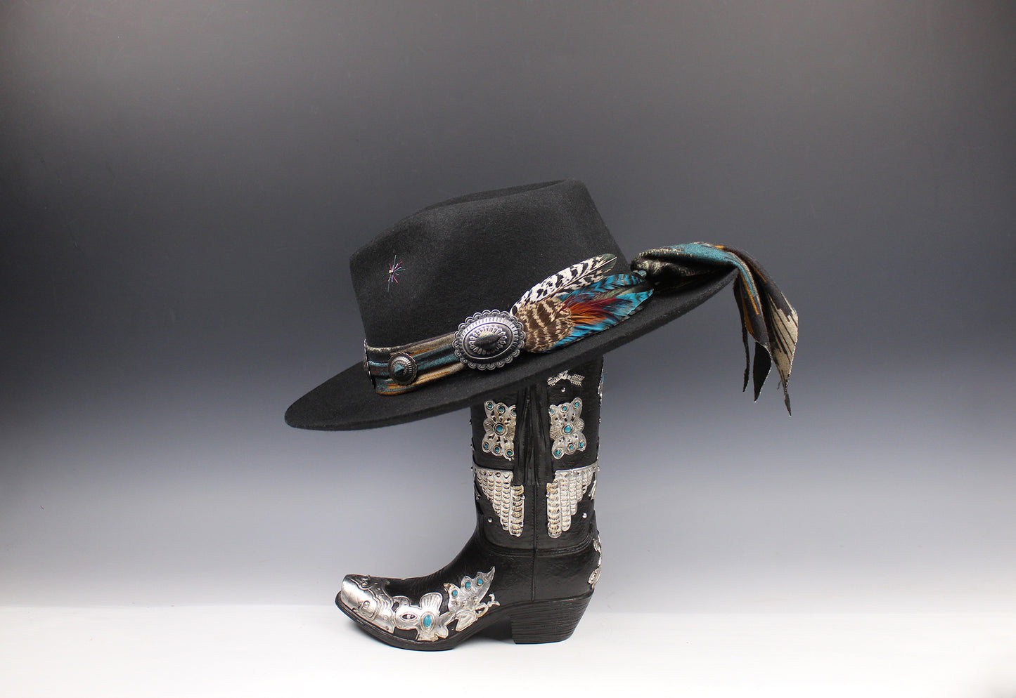 One Of A Kind Fedora - Size XL - Black With Blue Detailing & Brushed Conchos