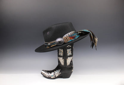 One Of A Kind Fedora - Size XL - Black With Blue Detailing & Brushed Conchos
