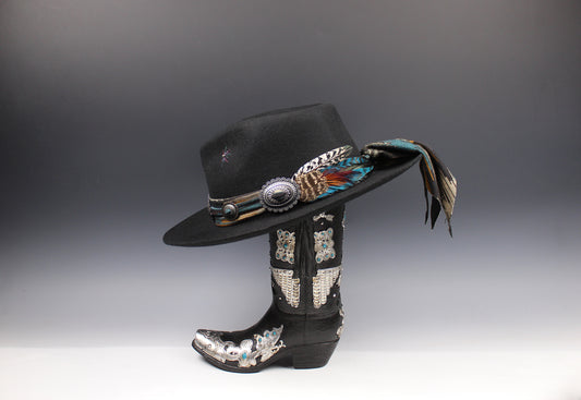 One Of A Kind Fedora - Size XL - Black With Blue Detailing & Brushed Conchos