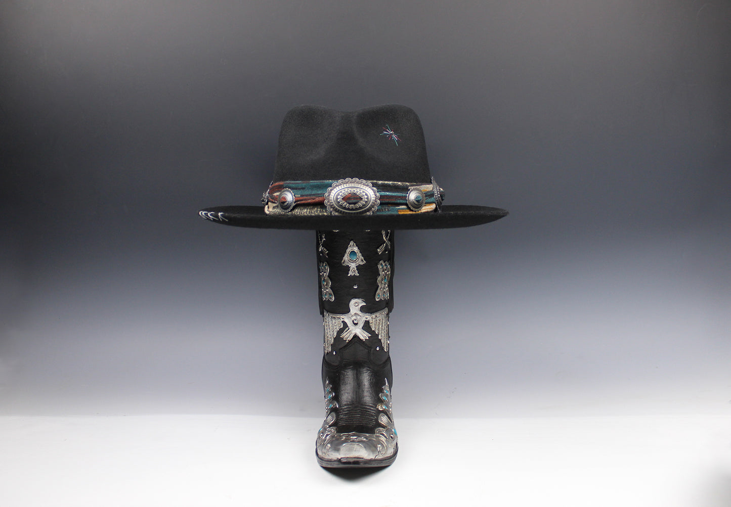 One Of A Kind Fedora - Size XL - Black With Blue Detailing & Brushed Conchos