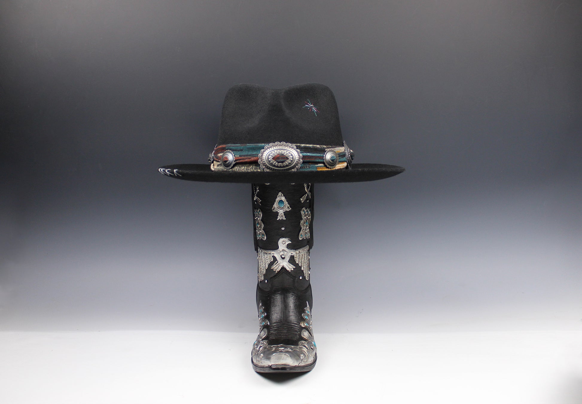 One Of A Kind Fedora - Size XL - Black With Blue Detailing & Brushed Conchos