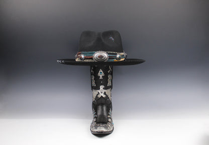 One Of A Kind Fedora - Size XL - Black With Blue Detailing & Brushed Conchos